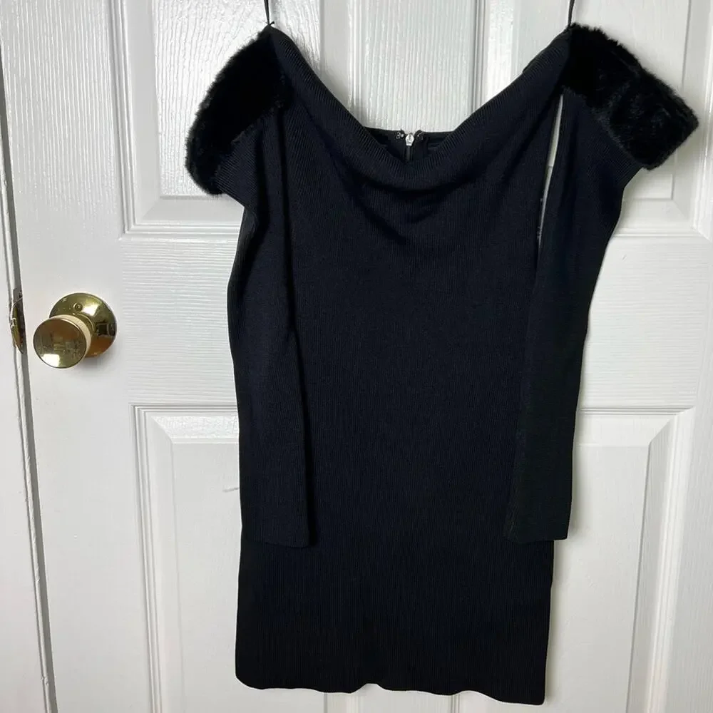 Staud Josee Fur Off The Shoulder Minidress in Black M